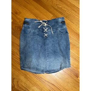 Venus Retro Denim Mini Skirt Lace Up Front Acid Wash High Waist Casual  6